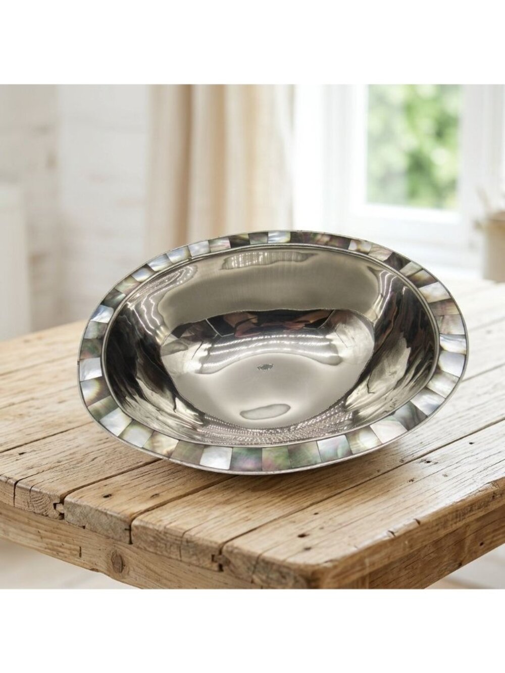 Michael Aram Mother of Pearl Inlay Oval Stainless Steel Centerpiece Bowl 11"